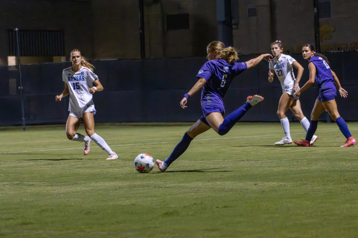 Senior forward Rilyn Rintoul draws her foot back to kick the ball downfield away from K-State's goal. The Wildcats fell 2-0 to the Jayhawks on October 8, at Buser Family Park. 