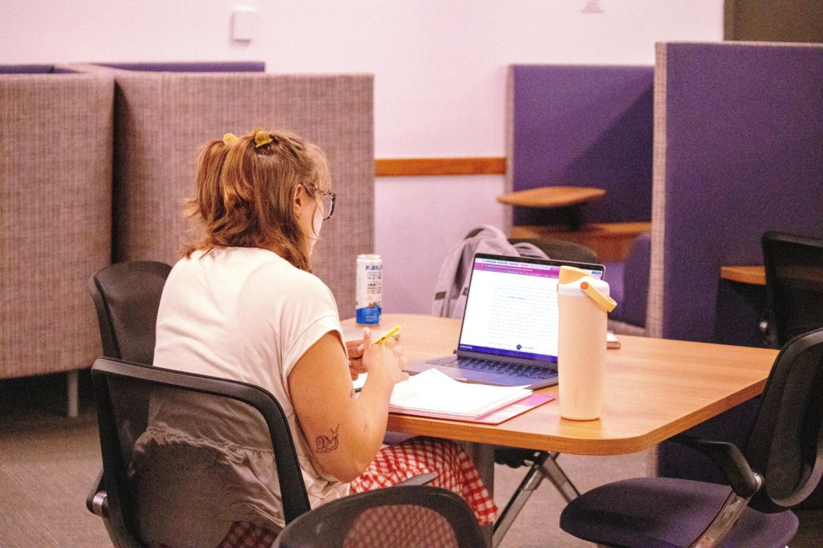 Kaitlyn Herman, junior in art education, works on her educational psychology work in the Catalyst on Oct. 11. 