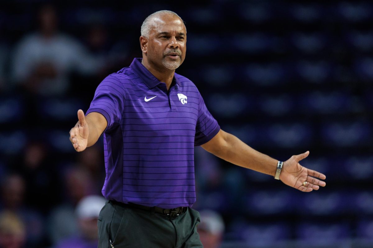 K-State men’s basketball head coach Jerome Tang looks confused on the sidelines during the first half of a game against the Newman Jets at Bramlage Coliseum on Oct. 31, 2025, in Manhattan.