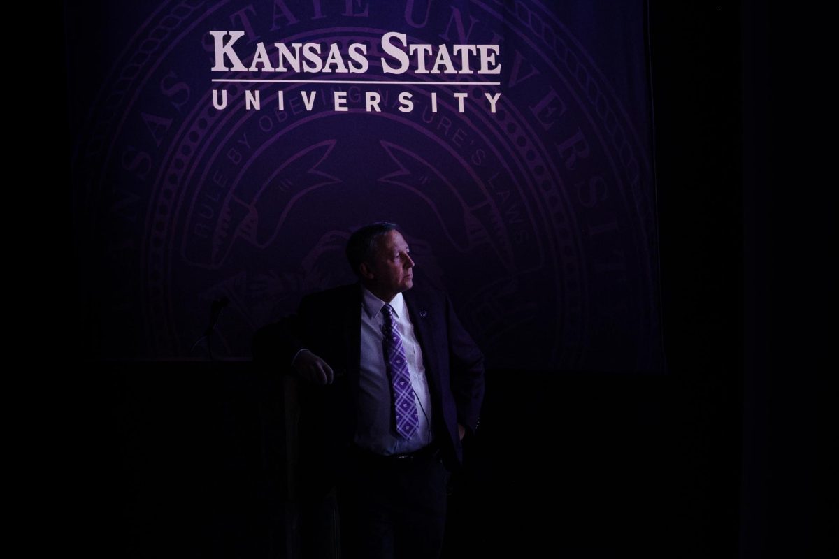 K-State President Richard Linton looks on as a video plays during the State of the University address at McCain Auditorium on Sept. 18.