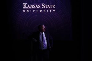 K-State President Richard Linton looks on as a video plays during the State of the University address at McCain Auditorium on Sept. 18.
