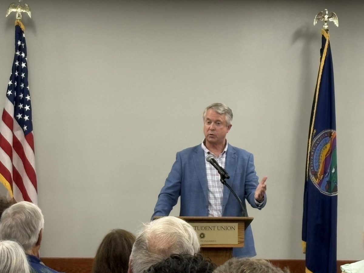 U.S. Sen. Roger Marshall addresses the crowd during the K-State Republicans town hall in the K-State Student Union on Oct. 8.