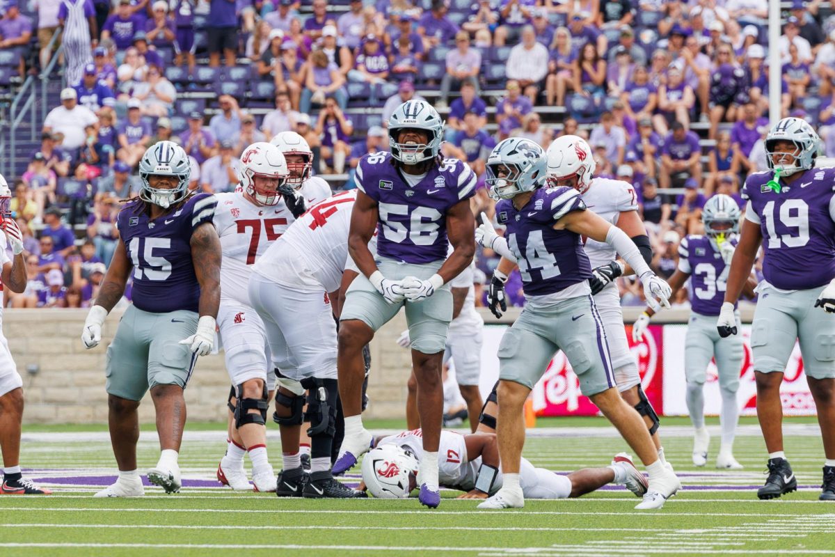 Defensive end Elijah Hill celebrate a defensive play alongside teammates against Washington State on Sept. 12.