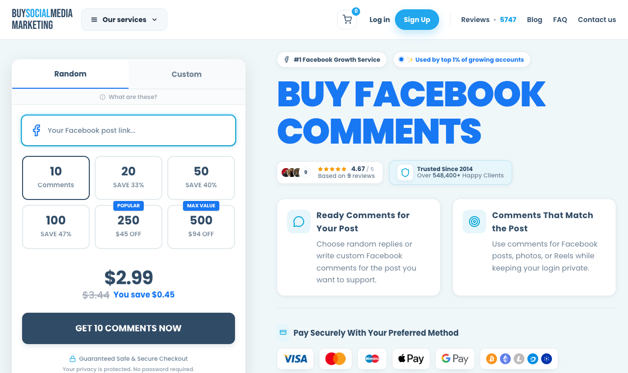 BuySocialMediaMarketing page to buy Facebook comments